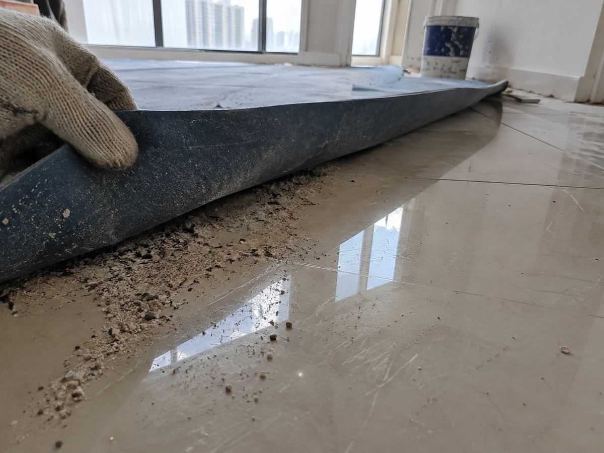 A gloved hand lifting a loose floor protection mat to show grit and fine scratches on the tile underneath