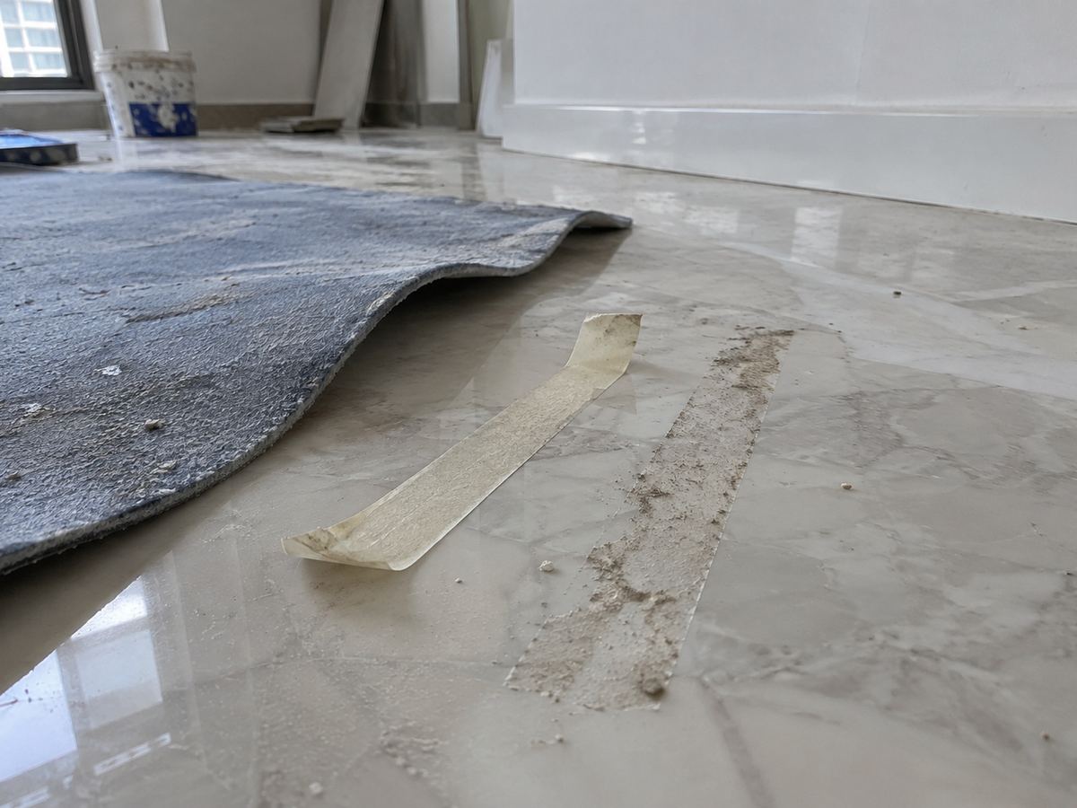 A peeled strip of masking tape beside a loose floor protection mat, with a dusty tape residue mark left on the polished floor